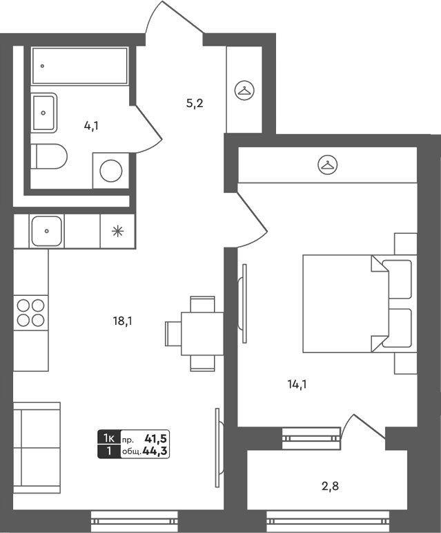 Планировка 2Е-к.кв, 44.3 м² в ЖК Совушки